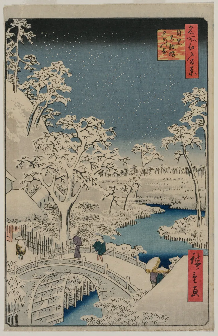 Snow-covered trees and an arched bridge over a deep blue river, travellers under umbrellas as snow falls against a dark sky.
