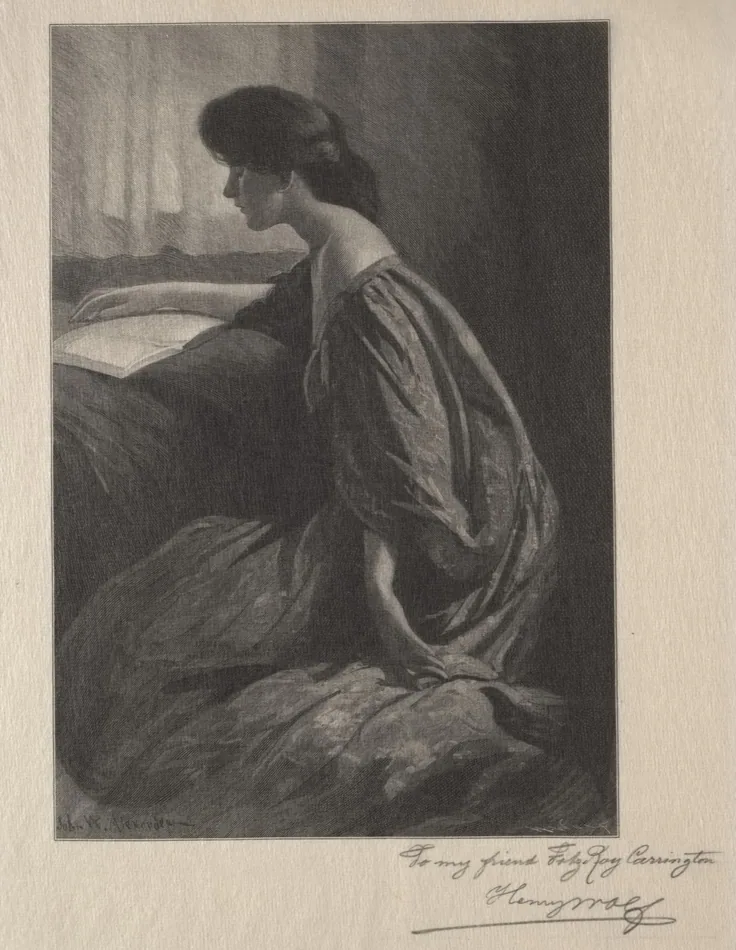 A young woman in a loose gown reads by a window, soft light on her shoulder; fine engraved tones, with a pencil dedication and signature below.