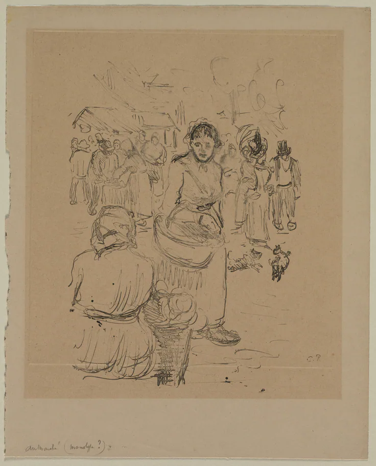 At the Market: monotype by Camille Pissarro, late 1800s.
