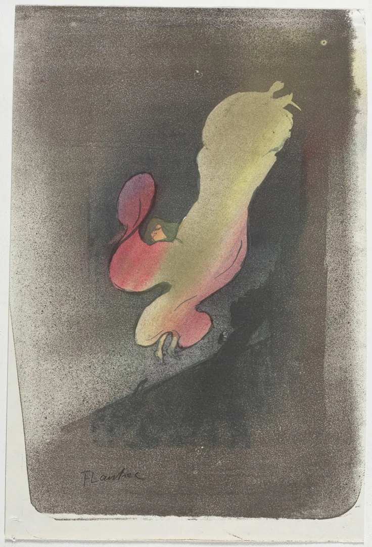 A dancer's swirling skirts become a flame of yellow and rose against a misty grey stage; abstract and luminous.