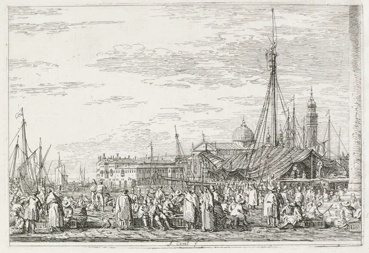 Views: The Market on the Molo: etching by Antonio Canaletto, 1735–1746.