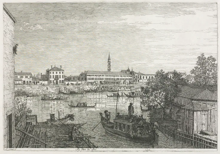 Views: The Harbor at Dolo: etching by Antonio Canaletto, 1735–1746.