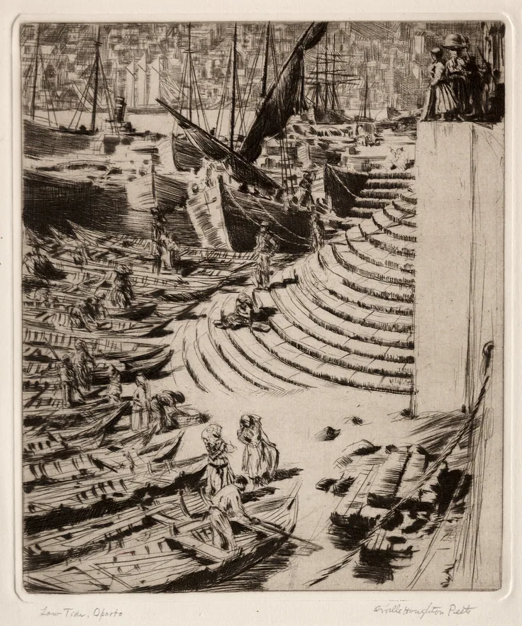 Low Tide, Oporto: etching by Orville Houghton Peets, c. 1924.