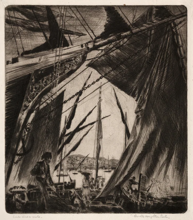 Sails and a Vista: etching by Orville Houghton Peets, c. 1924.