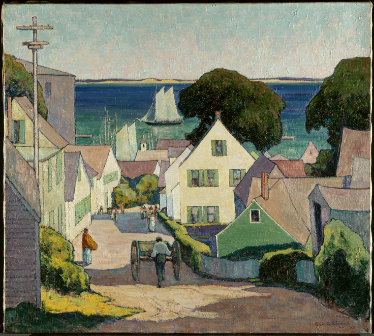 A sunny lane of white and green clapboard houses runs down to a deep blue harbor with a sailboat; a telephone pole and a cart in the road.