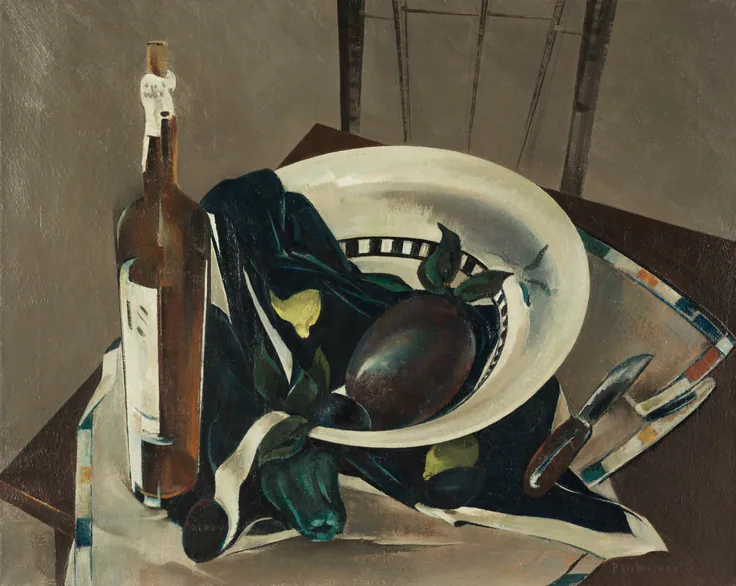 A bottle, a white plate with an aubergine and lemons, a knife and a striped cloth on a dark table; crisp angular modernist shapes.