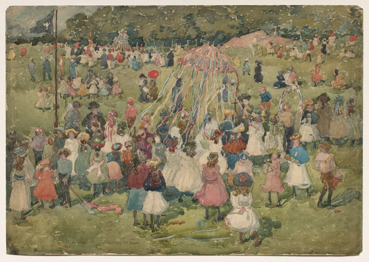 Crowds of children in bright dresses swirl around a ribboned maypole on a green lawn; dabs of red, pink, blue and white.
