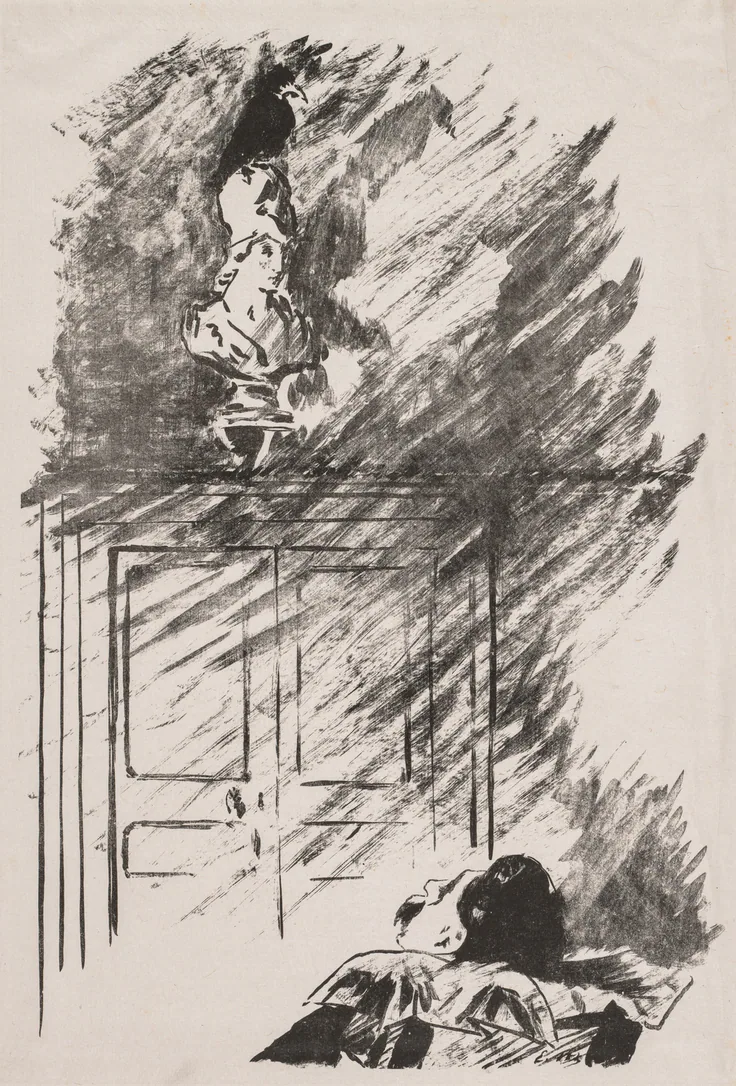 Perched upon a Bust of Pallas: lithograph by Édouard Manet, 1875.