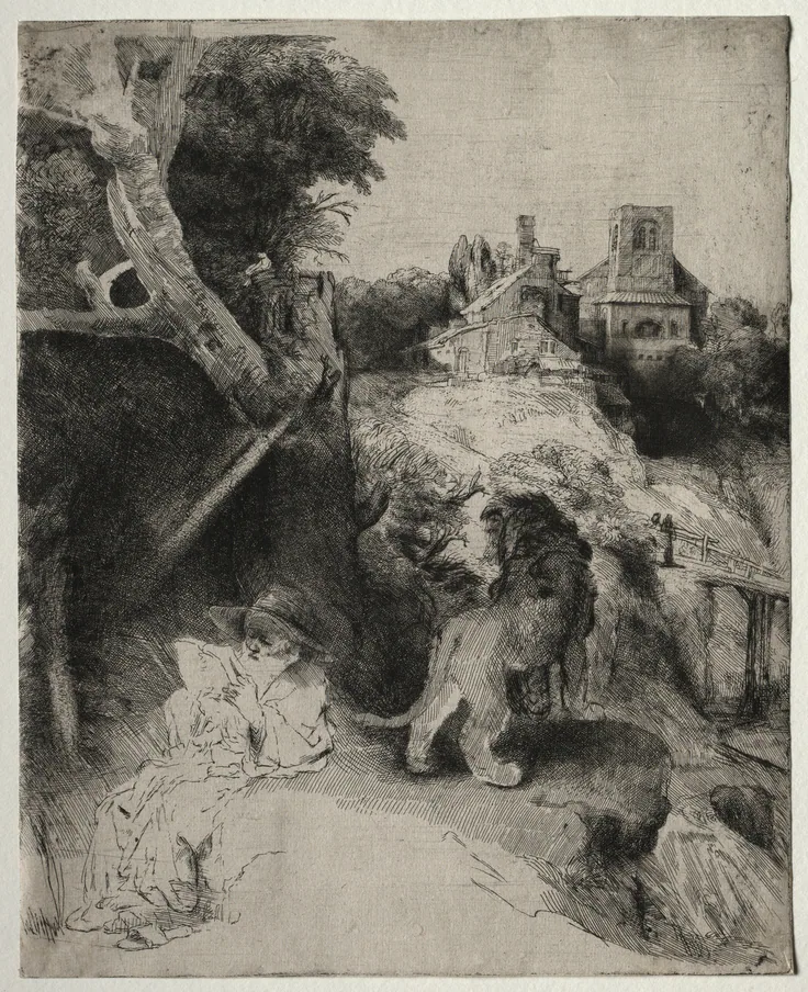 St. Jerome Reading in an Italian Landscape: etching, engraving, and drypoint by Rembrandt van Rijn, c. 1653.