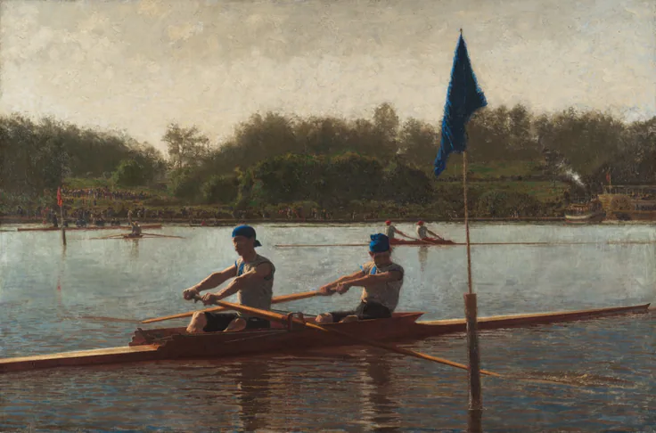 Two rowers in a narrow racing shell turn around a blue flag stake on a calm river; still water, reflections and a green far bank.
