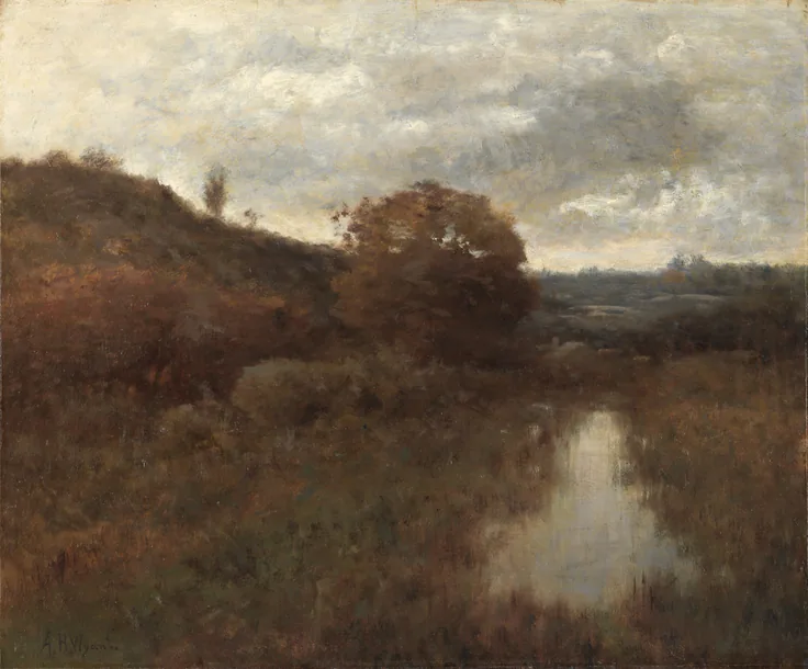 A still pool reflects a grey sky between russet hills and brown marsh grass; quiet, overcast and tonal.