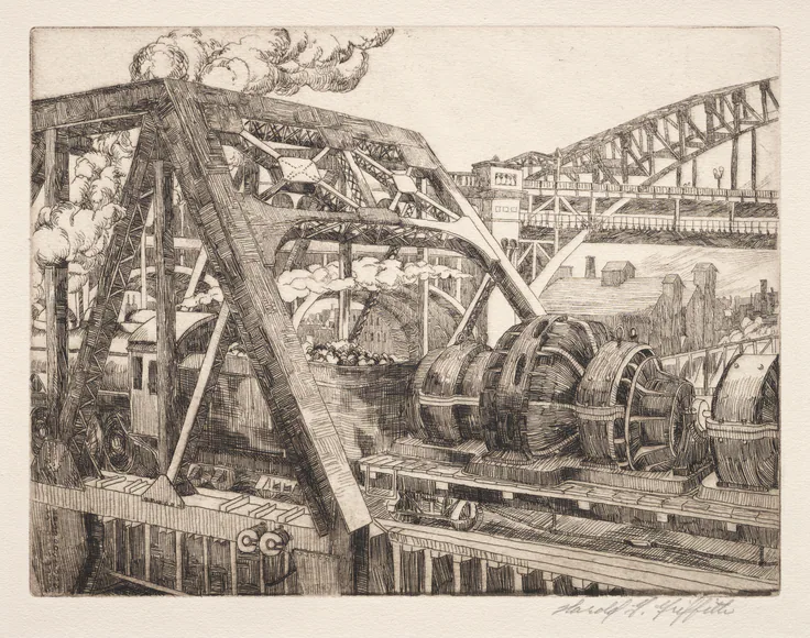 Industrial Cleveland: Baltimore and Ohio Railroad Lift Bridge: etching by Harold G. Griffith, 1930.
