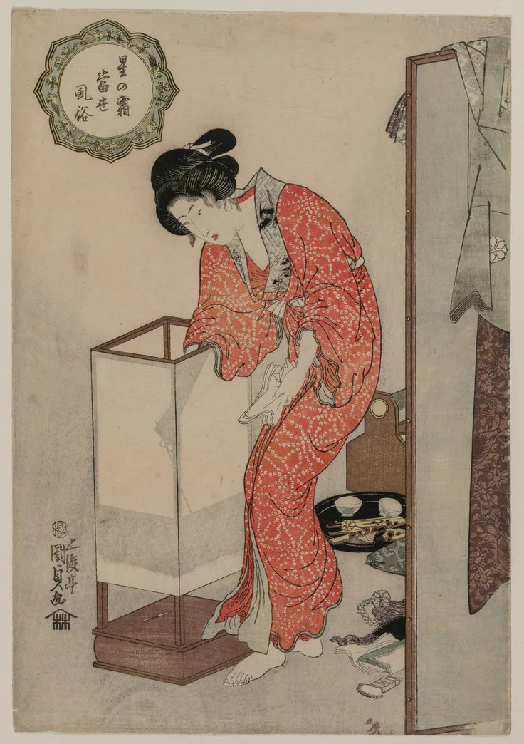 Woman Putting Out a Light (from the series Modern Customs: Frost Beneath the Stars): color woodblock print by Utagawa Kunisada, c. 1820.
