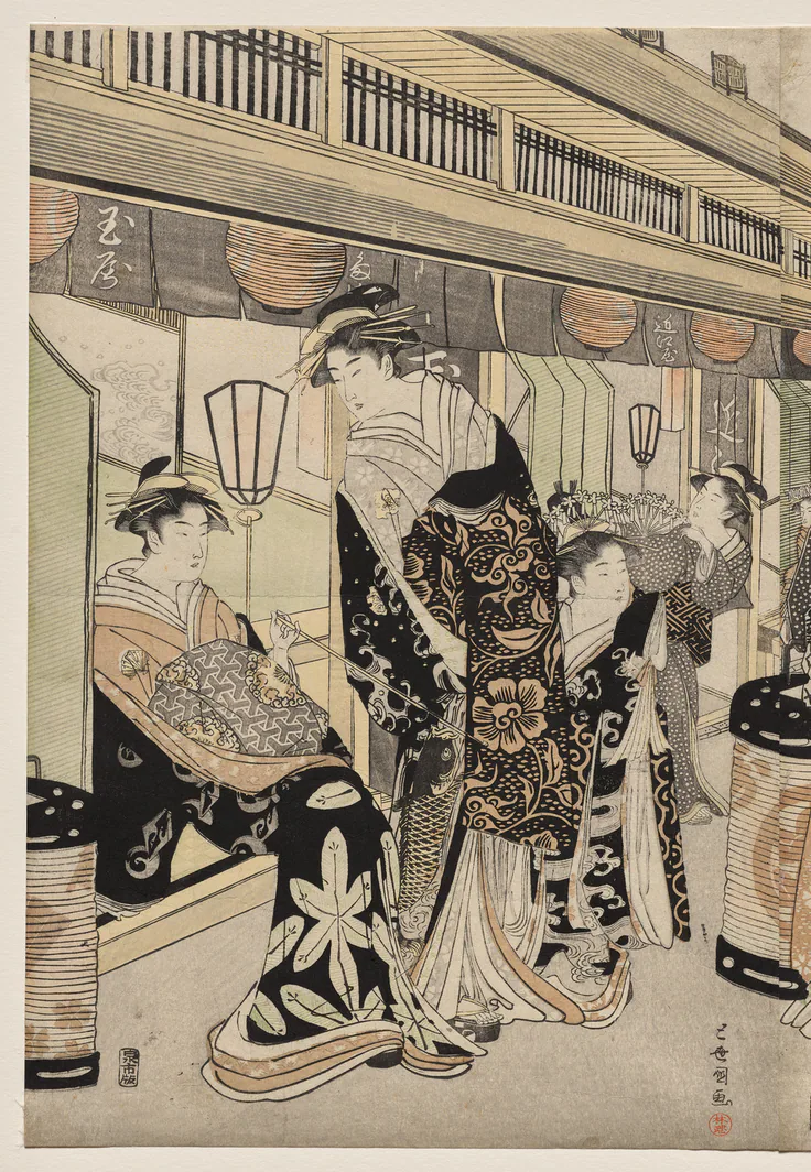 Courtesans Promenading on the Nakanochō: one of a triptych of color woodblock prints by Utagawa Toyokuni, c. 1790.