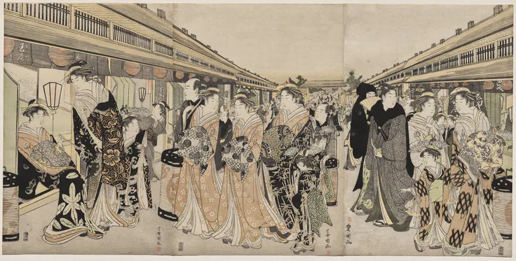 Courtesans Promenading on the Nakanochō: triptych of color woodblock prints by Utagawa Toyokuni, c. 1790.