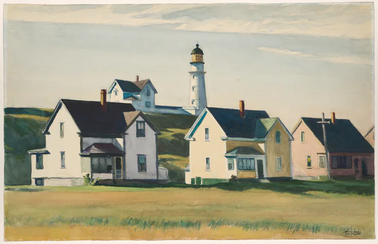 Lighthouse Village (also known as Cape Elizabeth): watercolor with graphite and scraping on paper by Edward Hopper, 1929.