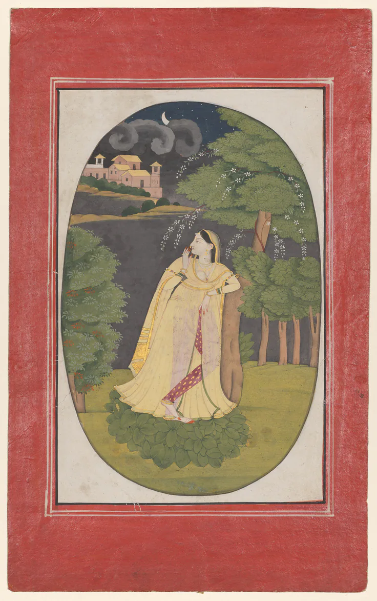 The heroine who waits anxiously for her absent lover (Utka Nayika): gum tempera on paper, c. 1800.