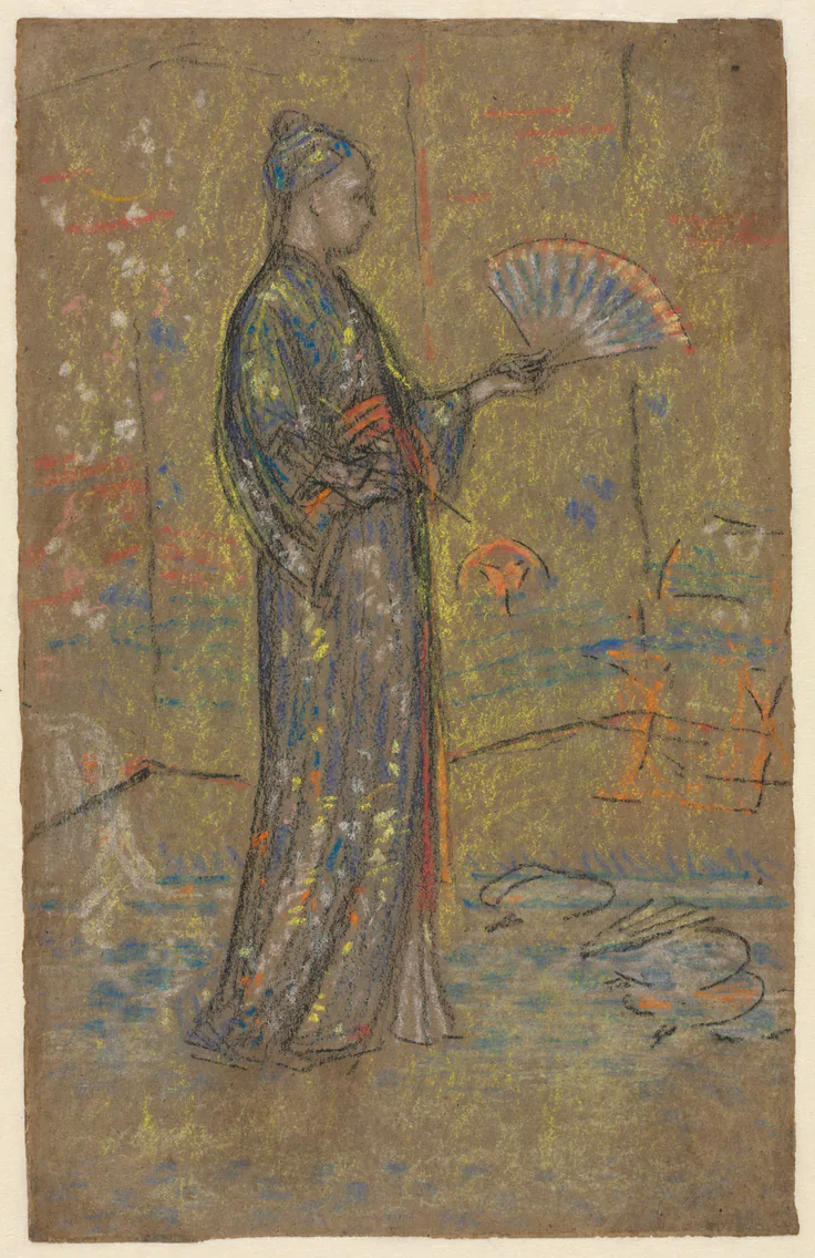 Japanese Woman Painting a Fan (recto): black chalk and pastel by James McNeill Whistler, c. 1872.
