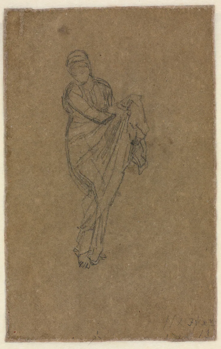 Standing Woman Holding Up Her Dress (verso): black chalk or crayon by James McNeill Whistler, c. 1872.
