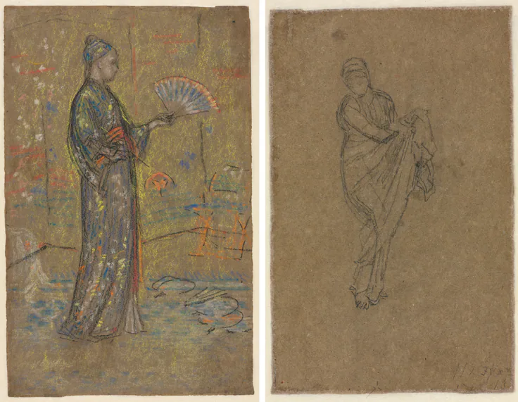 Japanese Woman Painting a Fan (recto); Standing Woman Holding Up Her Dress (verso): black chalk and pastel by James McNeill Whistler, c. 1872.