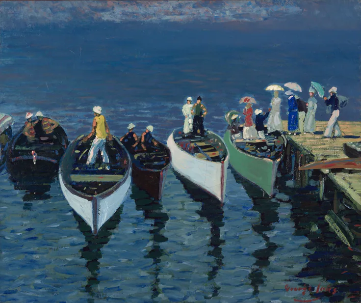 Rowboats crowd a dock on deep blue water while holiday-goers with parasols stroll the pier; bold dark reflections.