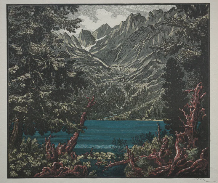 Near Lake Poprad in the Tatra Mountains: woodcut by Karel Vic, 1898–1933.
