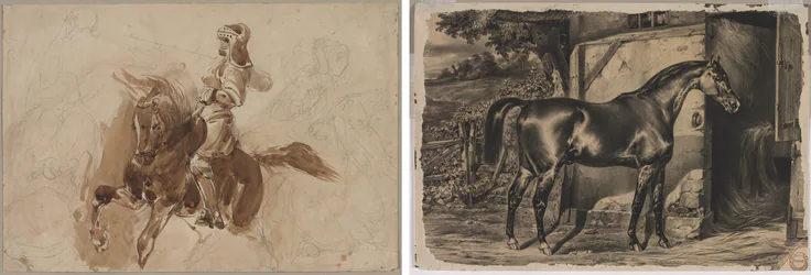 Armored Figure on Horseback (recto); Horse in Front of a Barn (verso): graphite and brush and brown wash by Eugène Delacroix, c. 1828.