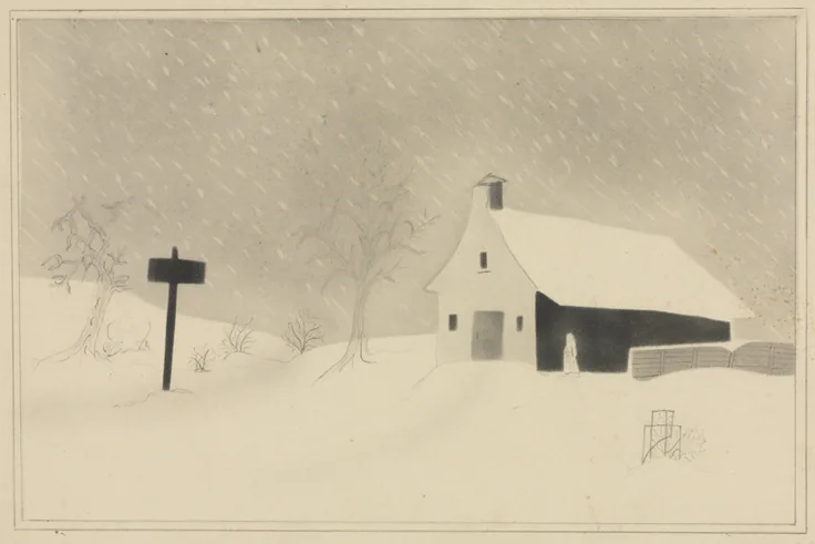 A white clapboard building with a belfry and a lone signpost in a pencil snowstorm; nearly all white, very spare.