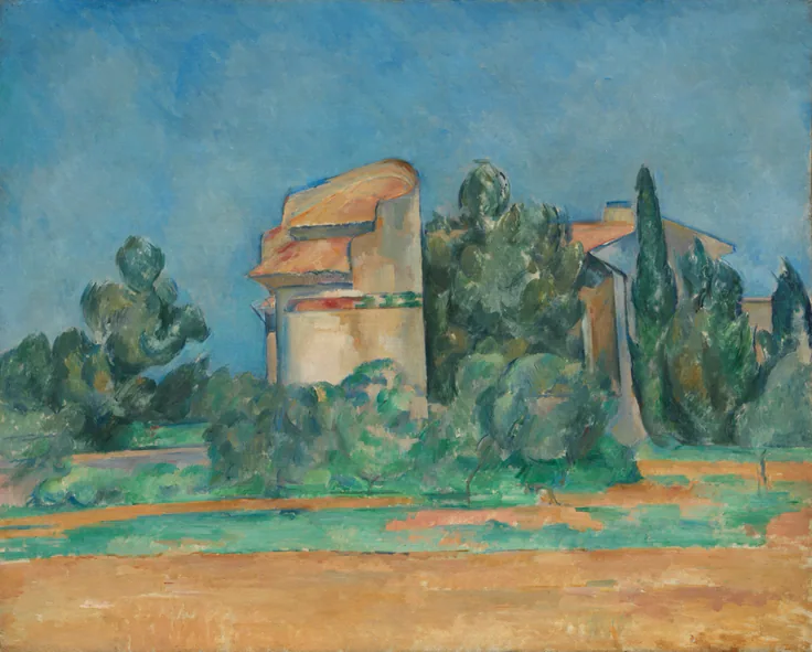 A round ochre dovecote and farm buildings among blocky green trees under a clear blue sky; flat planes of color.