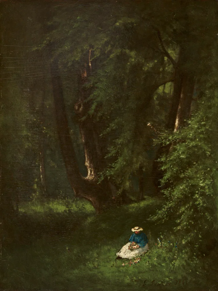 Deep green forest with a small figure in a straw hat seated in a sunlit clearing; dark trunks and dense, glowing foliage.
