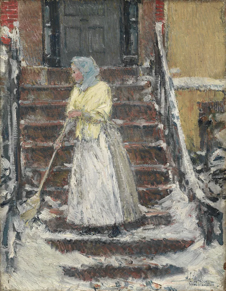 A woman in a pale headscarf and white apron sweeps snow from red brick steps; thick, bright impressionist strokes.