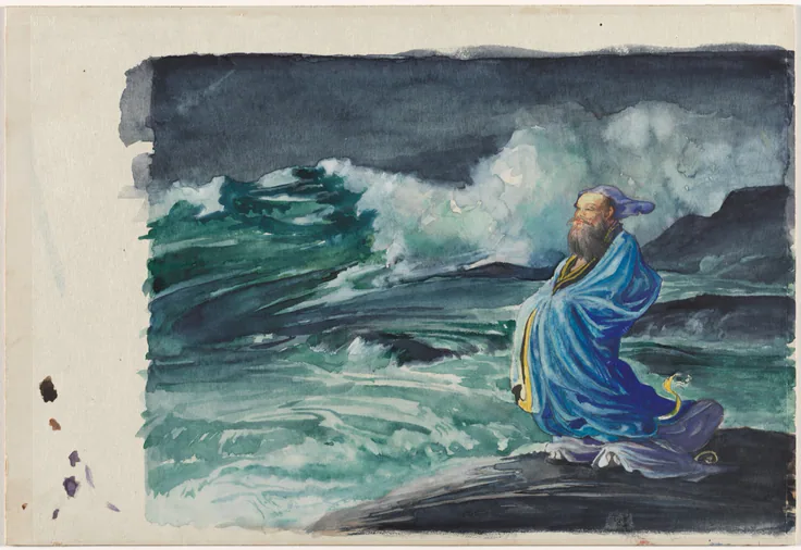 A bearded sage in a blue robe sits on a rock as green waves rise and break around him; loose, wet watercolor.