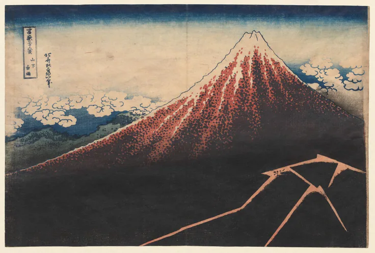 Fuji's snow-capped red-brown peak rises above white clouds while lightning cracks across its dark lower slopes.