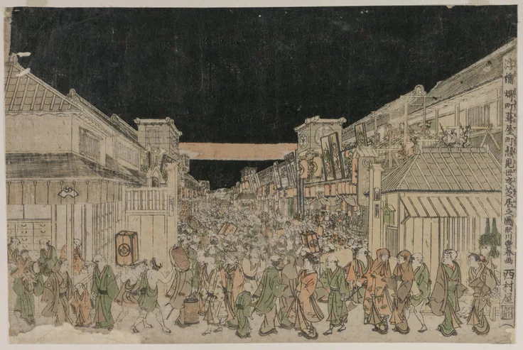 A deep-perspective view of a crowded Edo theatre street at night, banners and signs on both sides under a black sky.