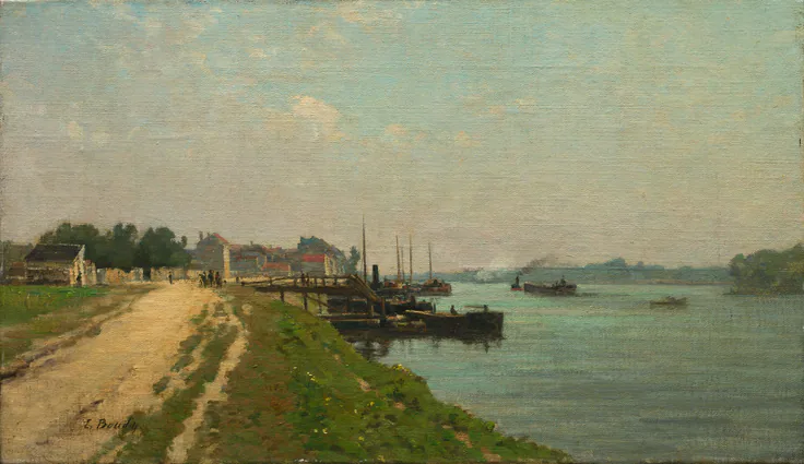 Banks of the Seine: oil on fabric, not dated.