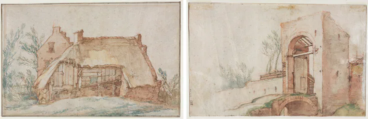 Peasant's Cottage (recto); Bridge and Gate (verso): drawing by Abraham Bloemaert, c. 1600.