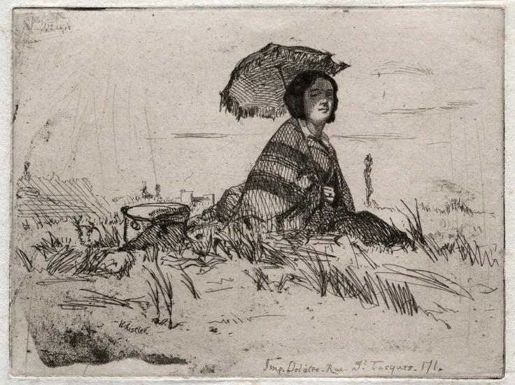 Twelve Etchings from Nature: En Plein Soleil: etching on chine collé by James McNeill Whistler, 1858.