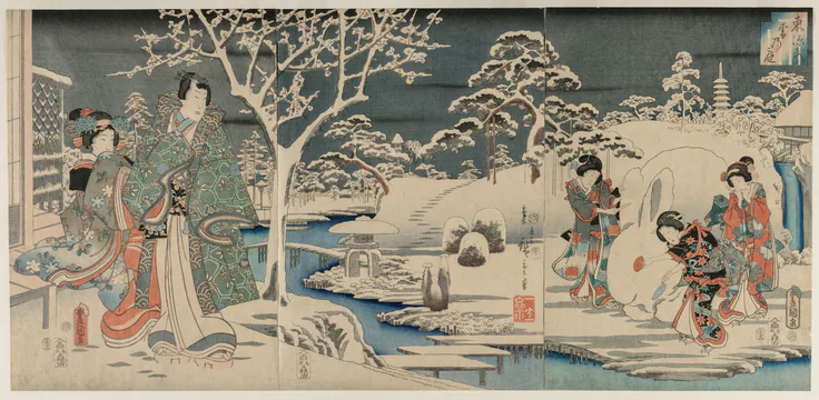 The Snowy Garden: triptych of color woodblock prints, ink and color on paper by Utagawa Hiroshige, 1854.