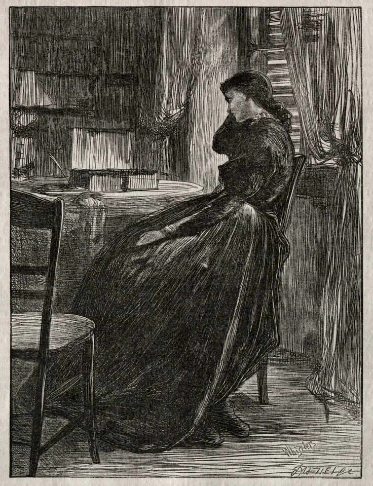 The Trial Sermon, Joanna Douglas at Her Desk: wood engraving and letterpress by James McNeill Whistler, 1862.