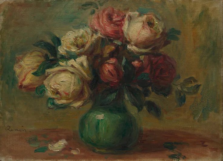 Pink, cream and crimson roses in a green vase on a warm brown table, fallen petals nearby; soft feathery brushwork.
