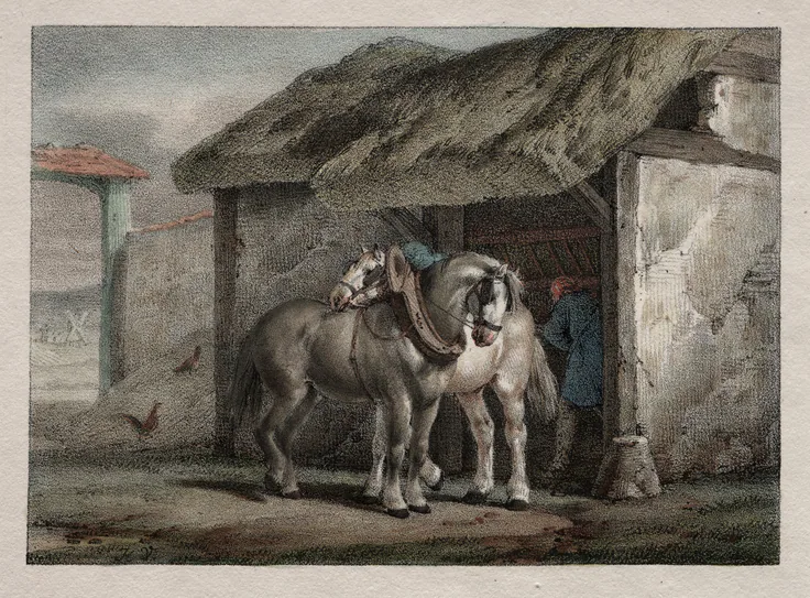 Farm Horse: lithograph with hand coloring by Horace Vernet, 1820.