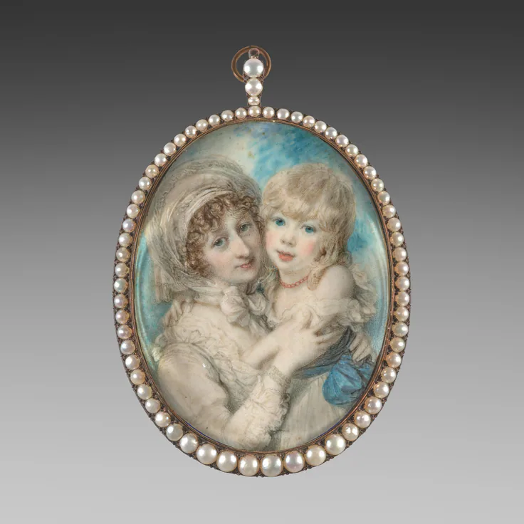 Portrait of Catherine Clemens and Her Son, John Marcus Clemens: watercolor on ivory in a gold and split pearl frame by Richard Cosway, c. 1800.