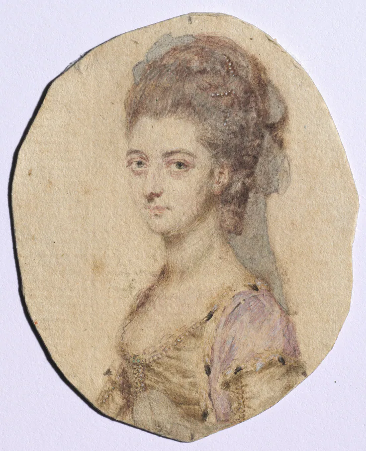 Portrait of Charlotte Bertie, née Warren, 4th Countess of Abingdon: graphite and wash on laid paper by John I Smart, 1778.