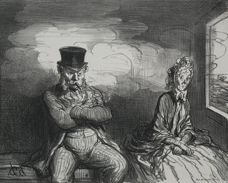 On the Train: A Pleasant Companion: lithograph by Honoré Daumier, 1862.