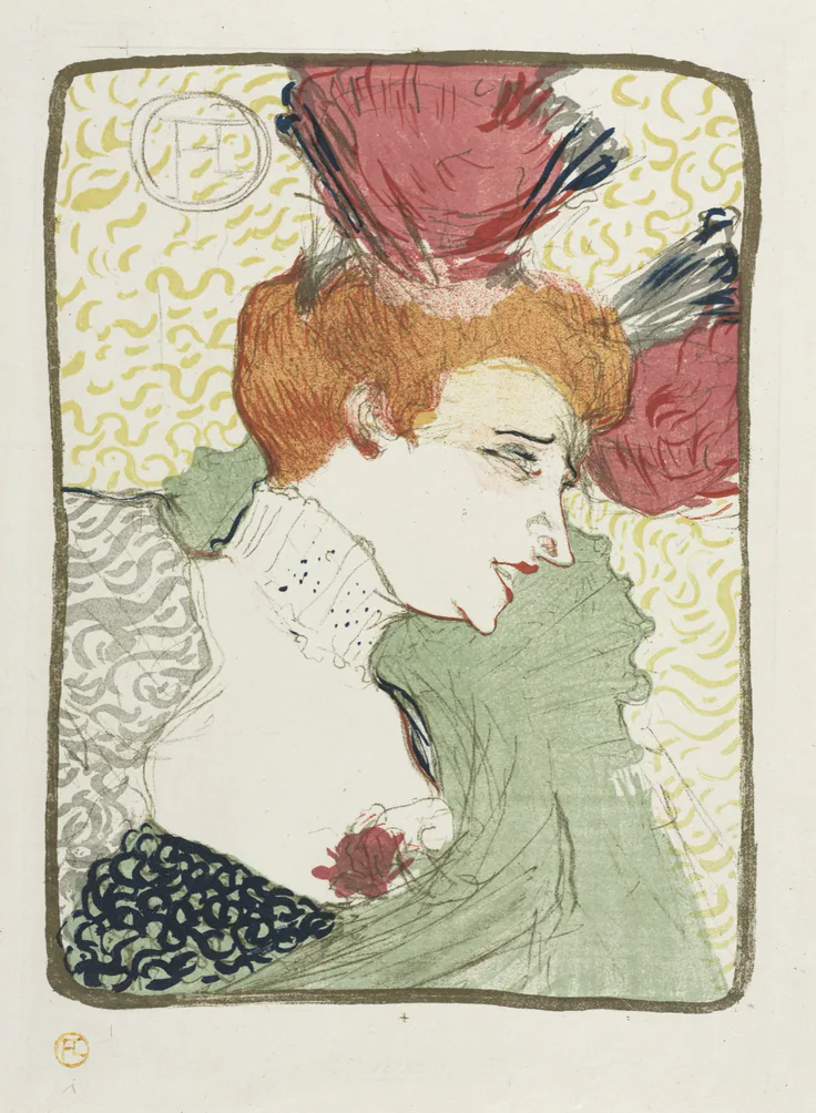 A stage star in profile with orange hair and a pink plumed headdress, green gown against a yellow pattern; bold color lithograph.
