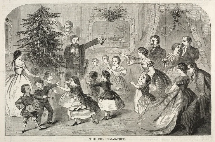 Children dance around a candlelit Christmas tree in a crowded Victorian parlor while adults watch; printed caption below.