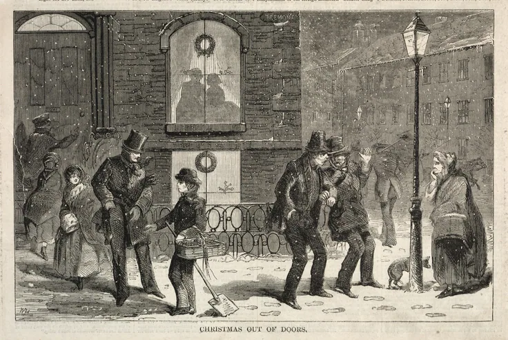 A snowy city street at Christmas: wreathed windows, a lamppost and people bundled in top hats and shawls. Printed caption at the bottom.