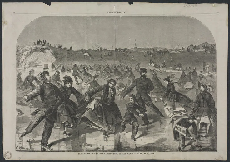 Skating on the Ladies' Skating Pond in Central Park, New York: wood engraving by Winslow Homer, 1860.