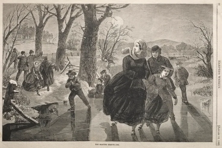 The Skating Season - 1862: wood engraving by Winslow Homer, 1862.