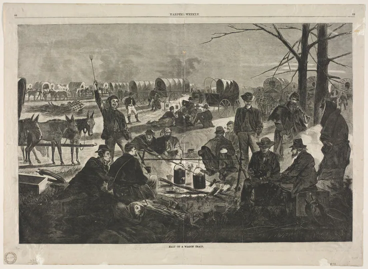 Halt of the Wagon Train: wood engraving by Winslow Homer, 1864.